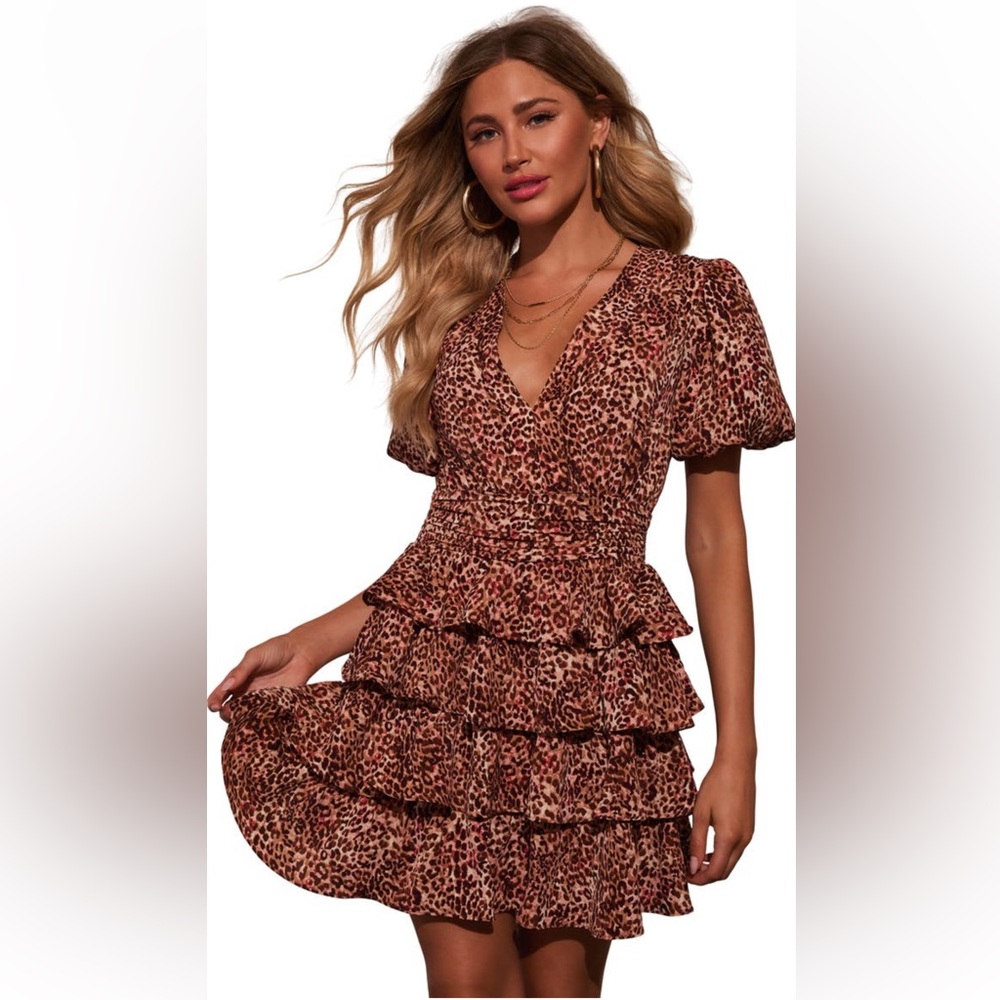 Vici Scenic Trails Mocha Brown Animal Print Tiered Mini Dress New